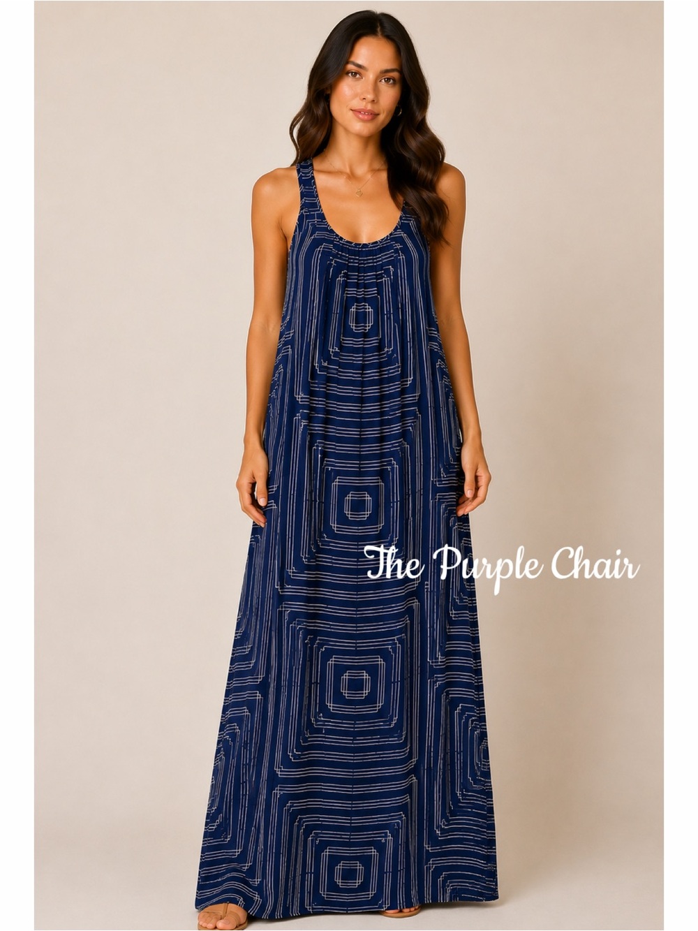 AMANDA UPRICHARD Navy Printed Button Racerback Silk Maxi Dress S